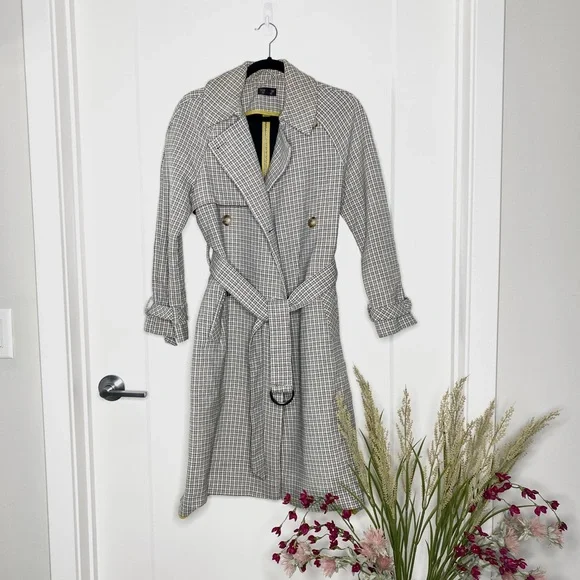 TOPSHOP Beige Plaid Long Trench Coat Size w/ Adjustable Belt US 2 | Preowned - Picture 1 of 7